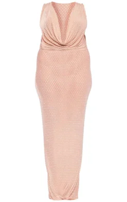 Premium Plus Nude Embellished Mesh Maxi Dress