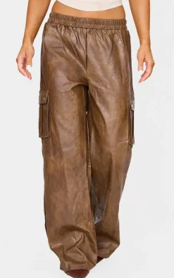 Premium Premium Brown Washed Faux Leather Wide Leg High Waisted Cargo Pant