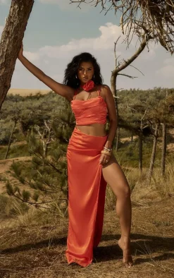 Premium Red Extreme Split Satin Maxi Skirt