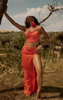 Premium Red Satin Cup Detail Ruched Crop Top