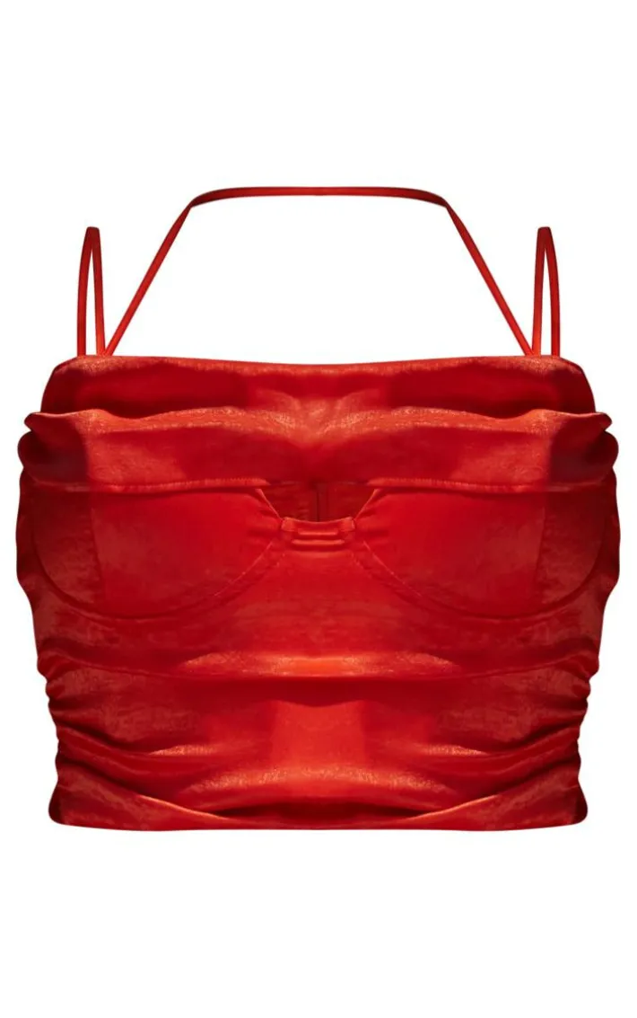 Premium Red Satin Cup Detail Ruched Crop Top