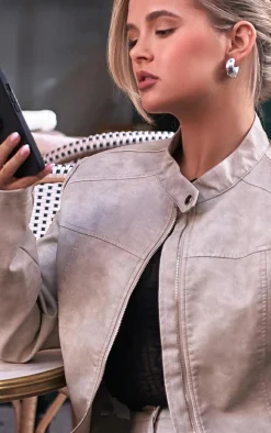 Premium Stone Washed Faux Leather Oversized Seam Detail Jacket