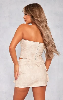 Premium Stone Washed Faux Leather Cargo Bandeau Corset