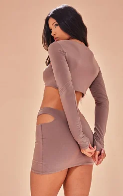 Premium Taupe Double Layer Slinky Ring Detail Crop Top