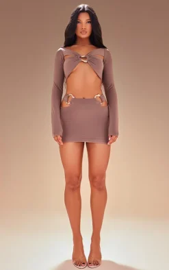Premium Taupe Double Layer Slinky Ring Detail Crop Top