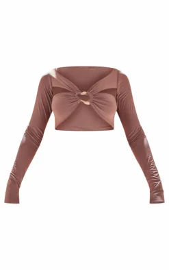 Premium Taupe Double Layer Slinky Ring Detail Crop Top