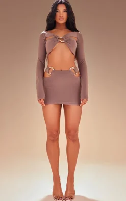 Premium Taupe Double Layer Slinky Ring Detail Mini Skirt