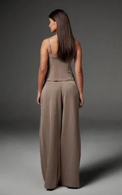Premium Taupe Woven Pleated Waistband Extreme Wide Leg Pants
