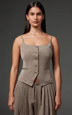 Premium Taupe Woven Pleated Waistband Extreme Wide Leg Pants