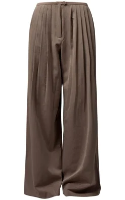 Premium Taupe Woven Pleated Waistband Extreme Wide Leg Pants