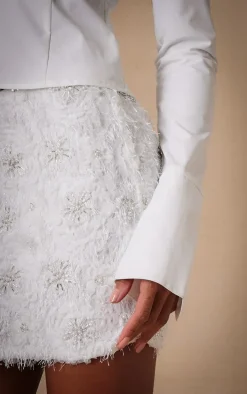 Premium White Embroided Detail Eyelash Mini Skirt