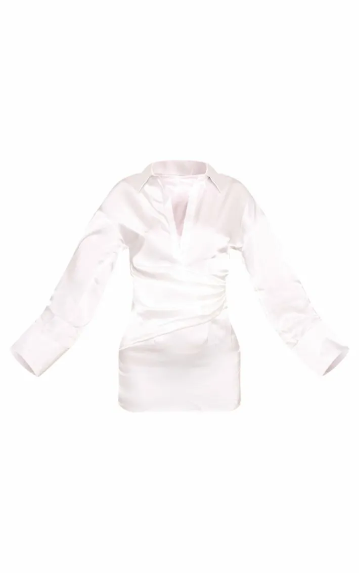 Premium White Satin Bell Sleeve Shirt Dress