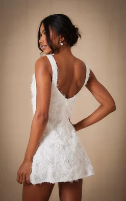 Premium White Sequin Embroidered Cowl Neck Shift Dress