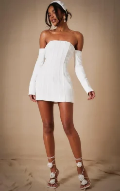 Premium White Woven Bandeau Boned Mini Dress