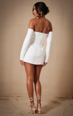 Premium White Woven Bandeau Boned Mini Dress