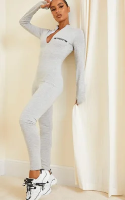 PRETTYLITTETHING Grey Marl Embroidered Zip Front Catsuit