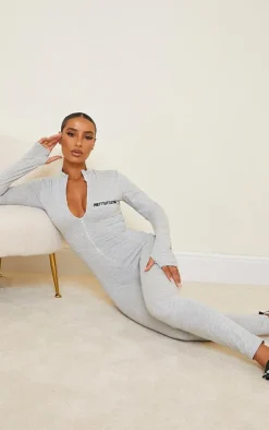 PRETTYLITTETHING Grey Marl Embroidered Zip Front Catsuit