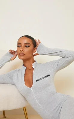 PRETTYLITTETHING Grey Marl Embroidered Zip Front Catsuit
