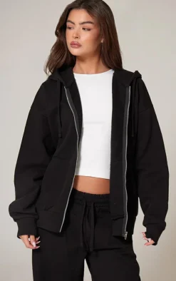 PRETTYLITTLETHING Black Premium Embroidered Zip Front Oversized Hoodie