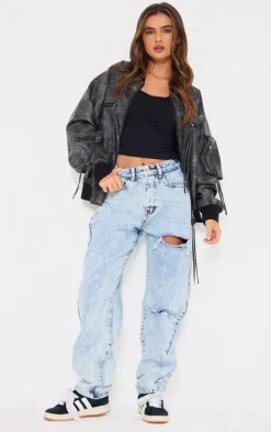 PRETTYLITTLETHING Acid Blue Wash Open Knee Boyfriend Jeans