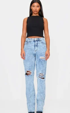PRETTYLITTLETHING Acid Wash Ripped Long Leg Straight Jeans