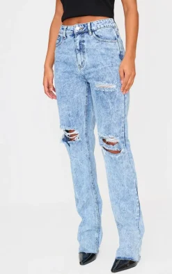 PRETTYLITTLETHING Acid Wash Ripped Long Leg Straight Jeans