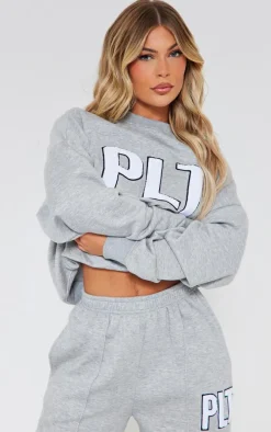 PRETTYLITTLETHING Ash Grey Borg Applique Oversized Sweatshirt