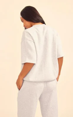 PRETTYLITTLETHING Ash Grey Badge Detail Oversized Short Sleeve Sweatshirt