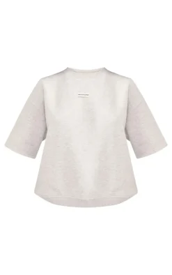 PRETTYLITTLETHING Ash Grey Badge Detail Oversized Short Sleeve Sweatshirt
