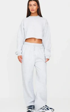 PRETTYLITTLETHING Ash Grey Badge Detail Mid Rise Wide Leg Sweatpants
