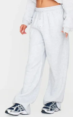 PRETTYLITTLETHING Ash Grey Badge Detail Mid Rise Wide Leg Sweatpants