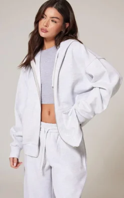PRETTYLITTLETHING Ash Grey Premium Embroidered Zip Front Oversized Hoodie