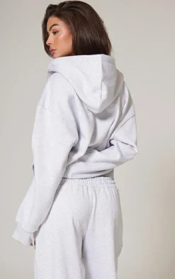 PRETTYLITTLETHING Ash Grey Premium Print Zip Front Hoodie