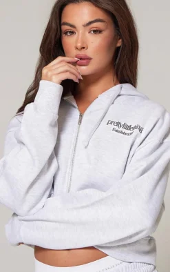 PRETTYLITTLETHING Ash Grey Premium Print Zip Front Hoodie
