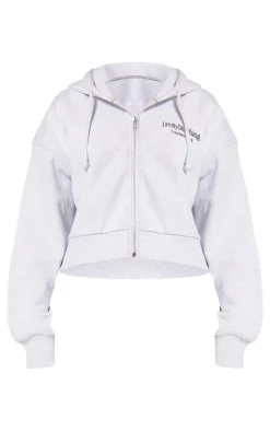 PRETTYLITTLETHING Ash Grey Premium Print Zip Front Hoodie