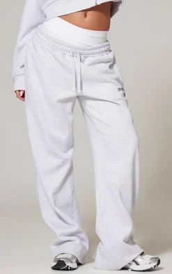 PRETTYLITTLETHING Ash Grey Premium Print Wide Leg Sweatpants