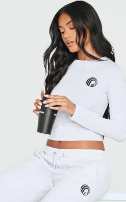 PRETTYLITTLETHING Ash Grey Printed Fitted Long Sleeve T Shirt