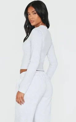 PRETTYLITTLETHING Ash Grey Printed Fitted Long Sleeve T Shirt