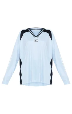 PRETTYLITTLETHING Baby Blue Studio Mode Long Sleeve Football Shirt