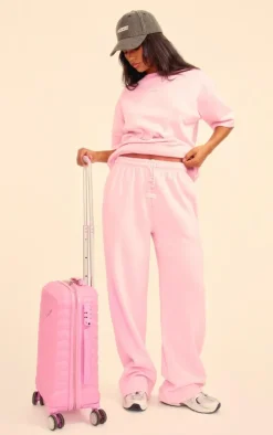 PRETTYLITTLETHING Baby Pink Badge Detail Mid Rise Wide Leg Sweatpants