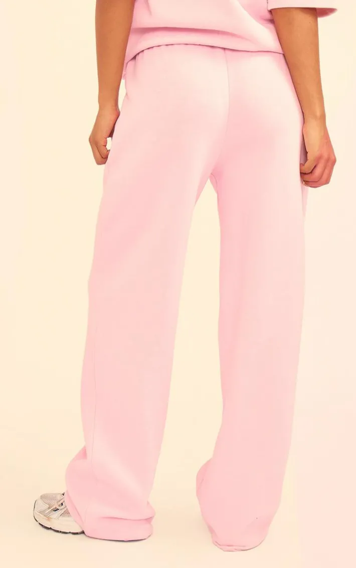 PRETTYLITTLETHING Baby Pink Badge Detail Mid Rise Wide Leg Sweatpants