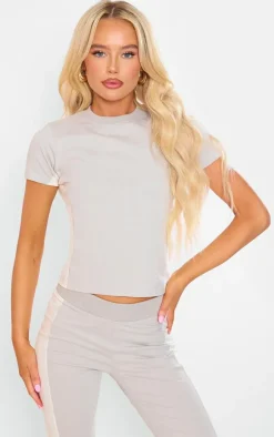 PRETTYLITTLETHING Beige Cotton Panel Detail T Shirt