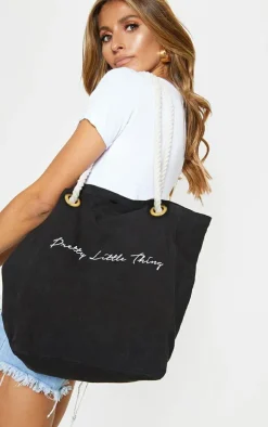 PRETTYLITTLETHING Black Cotton Beach Bag