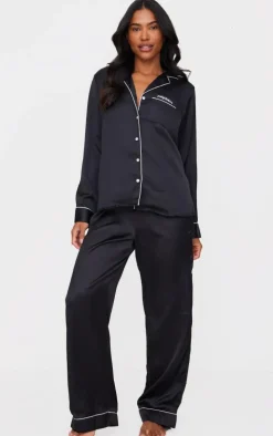 PRETTYLITTLETHING Black Contrast Piping Satin Long PJ Set