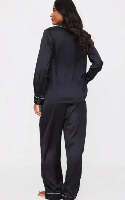PRETTYLITTLETHING Black Contrast Piping Satin Long PJ Set
