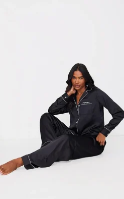 PRETTYLITTLETHING Black Contrast Piping Satin Long PJ Set