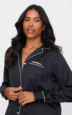 PRETTYLITTLETHING Black Contrast Piping Satin Long PJ Set
