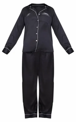 PRETTYLITTLETHING Black Contrast Piping Satin Long PJ Set