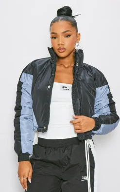 PRETTYLITTLETHING Black Chevron Cropped Puffer Coat