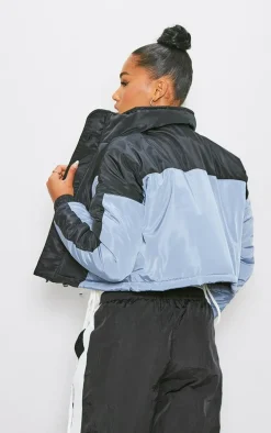 PRETTYLITTLETHING Black Chevron Cropped Puffer Coat